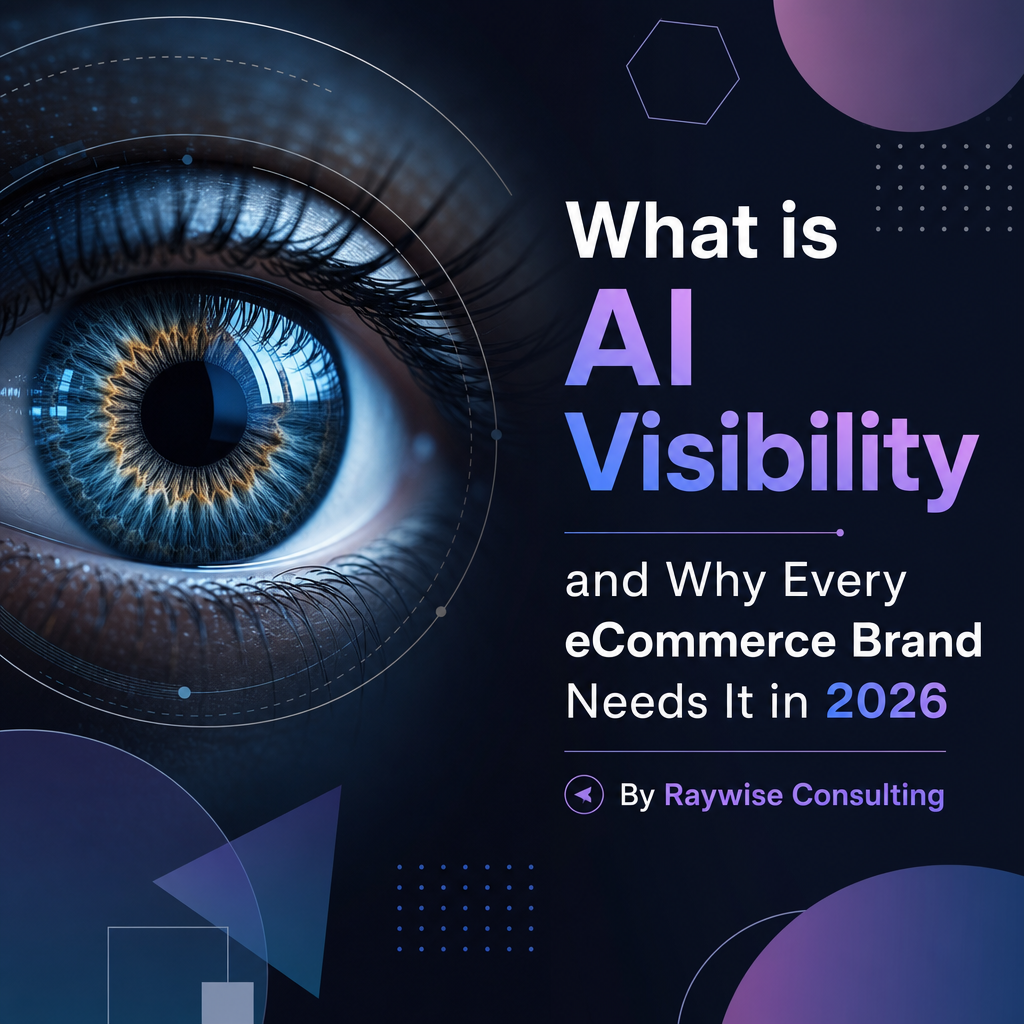 What is AI Visibility and Why Every eCommerce Brand Needs It in 2026 by Raywise Consulting. An image of a big eye and some vage geometrical shapes. writing What is AI Visibility and Why Every eCommerce Brand Needs It By Raywise Consulting